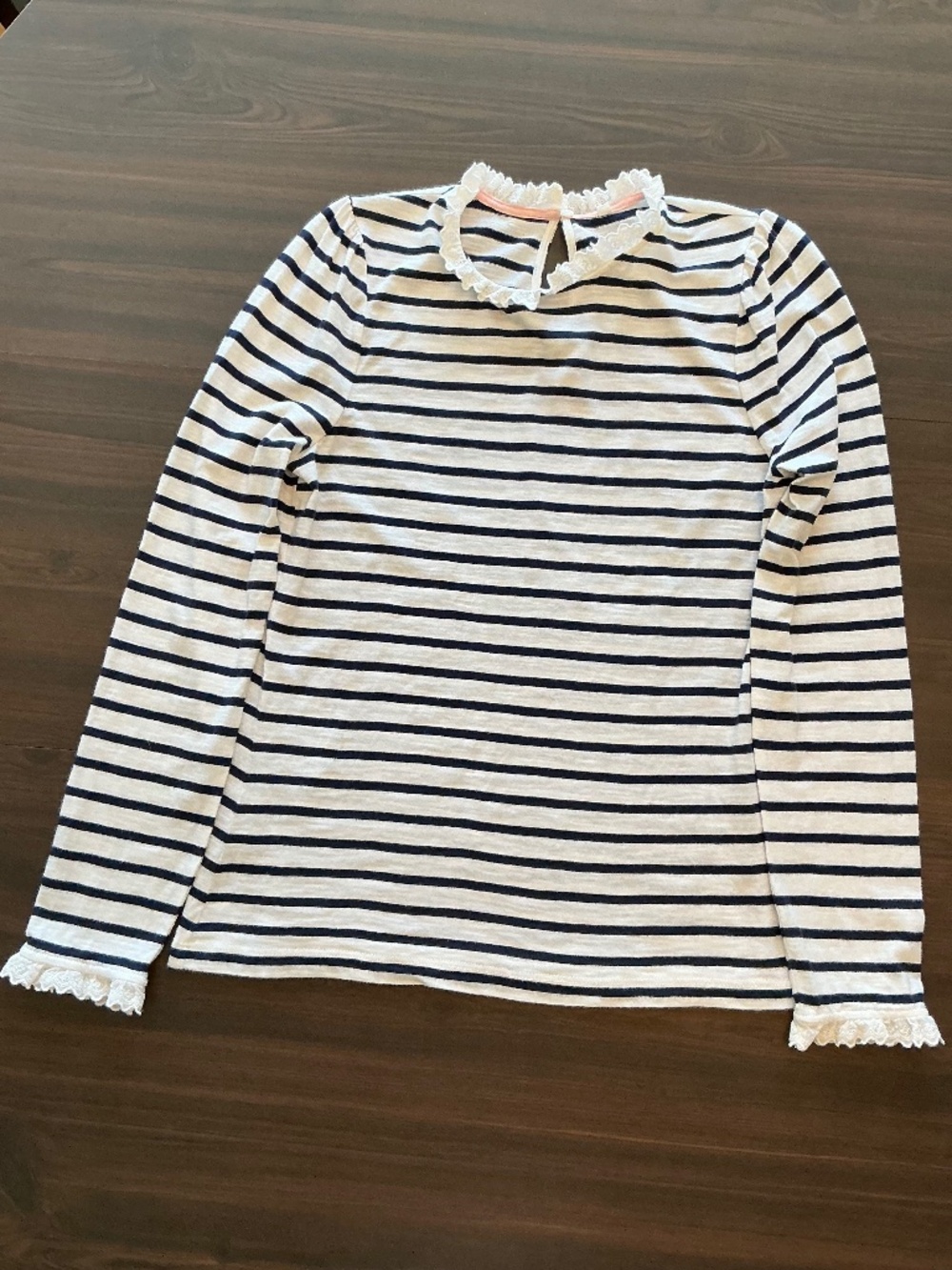 Boden Supersoft Lace Detail Long Sleeve Top in Ivory & Navy Stripe Size 6